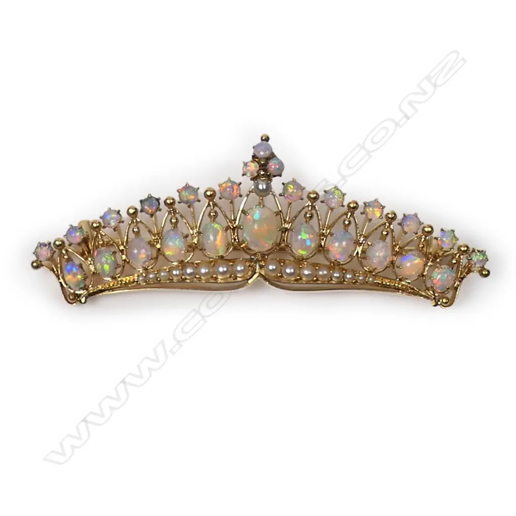 A late Victorian 15ct yellow gold opal and seed pearl crown form brooch, Image 1++
