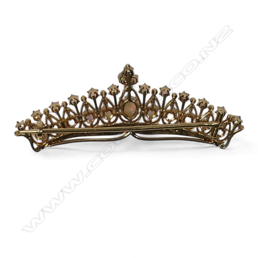 A late Victorian 15ct yellow gold opal and seed pearl crown form brooch, Image 1++