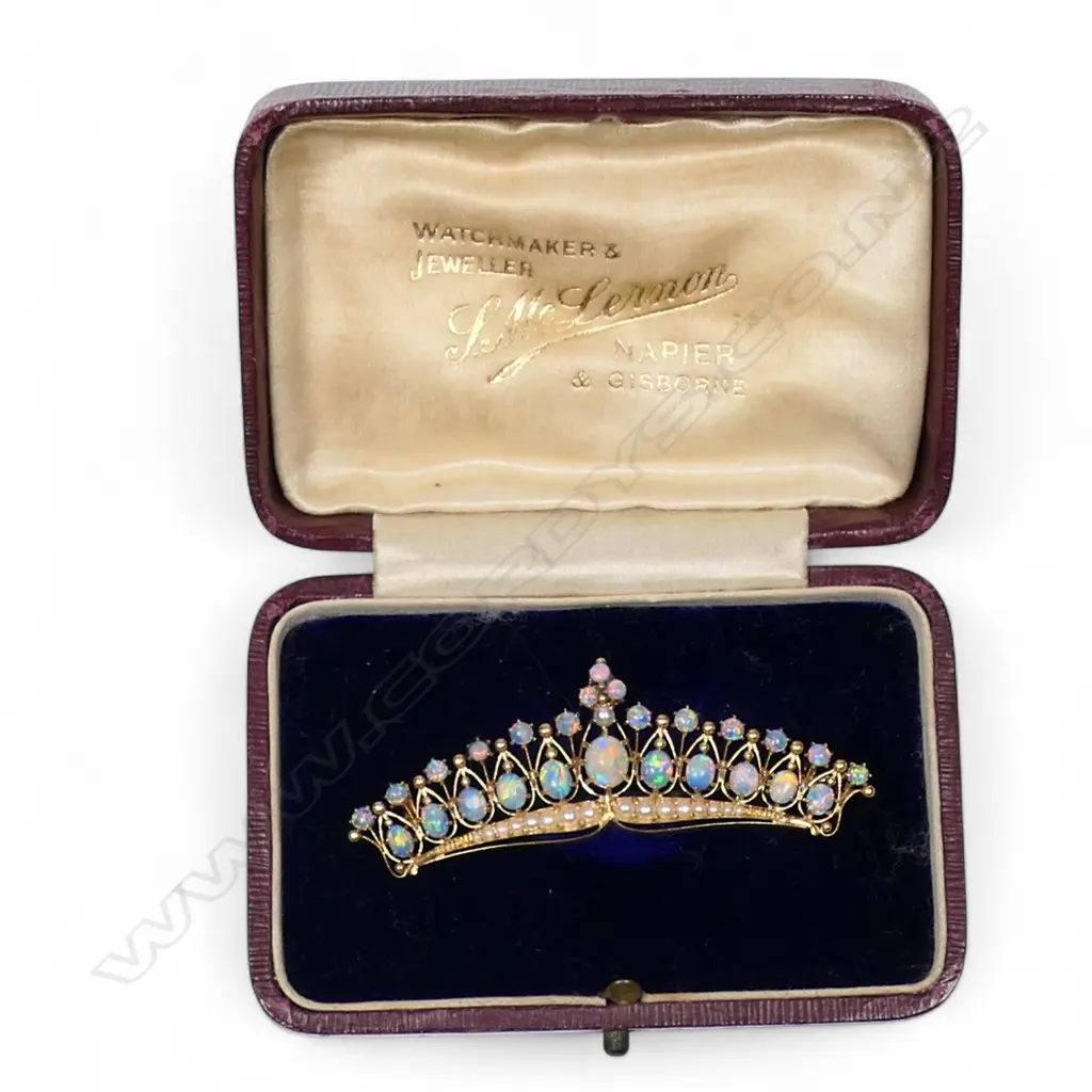 A late Victorian 15ct yellow gold opal and seed pearl crown form brooch, Image 1++