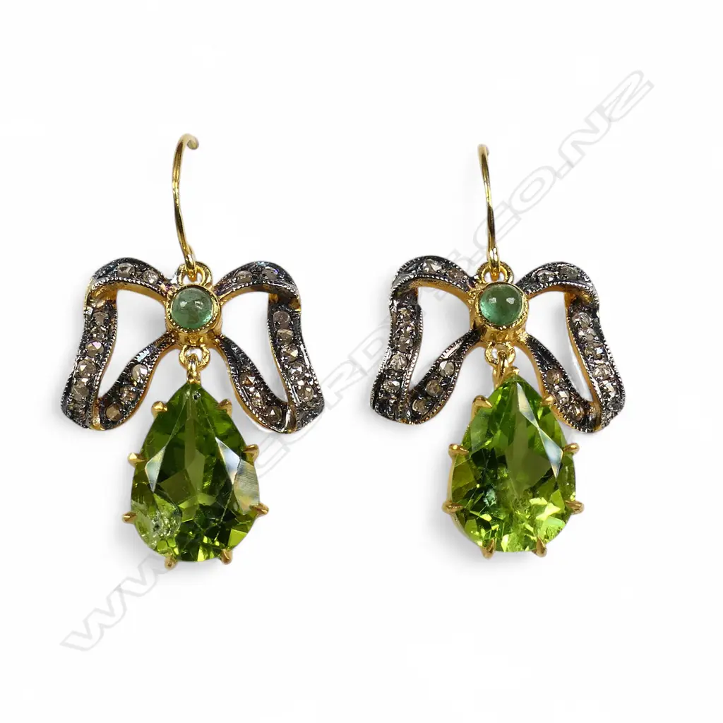 A pair of antique style silver gilt diamond peridot and emerald earrings, Image 1++