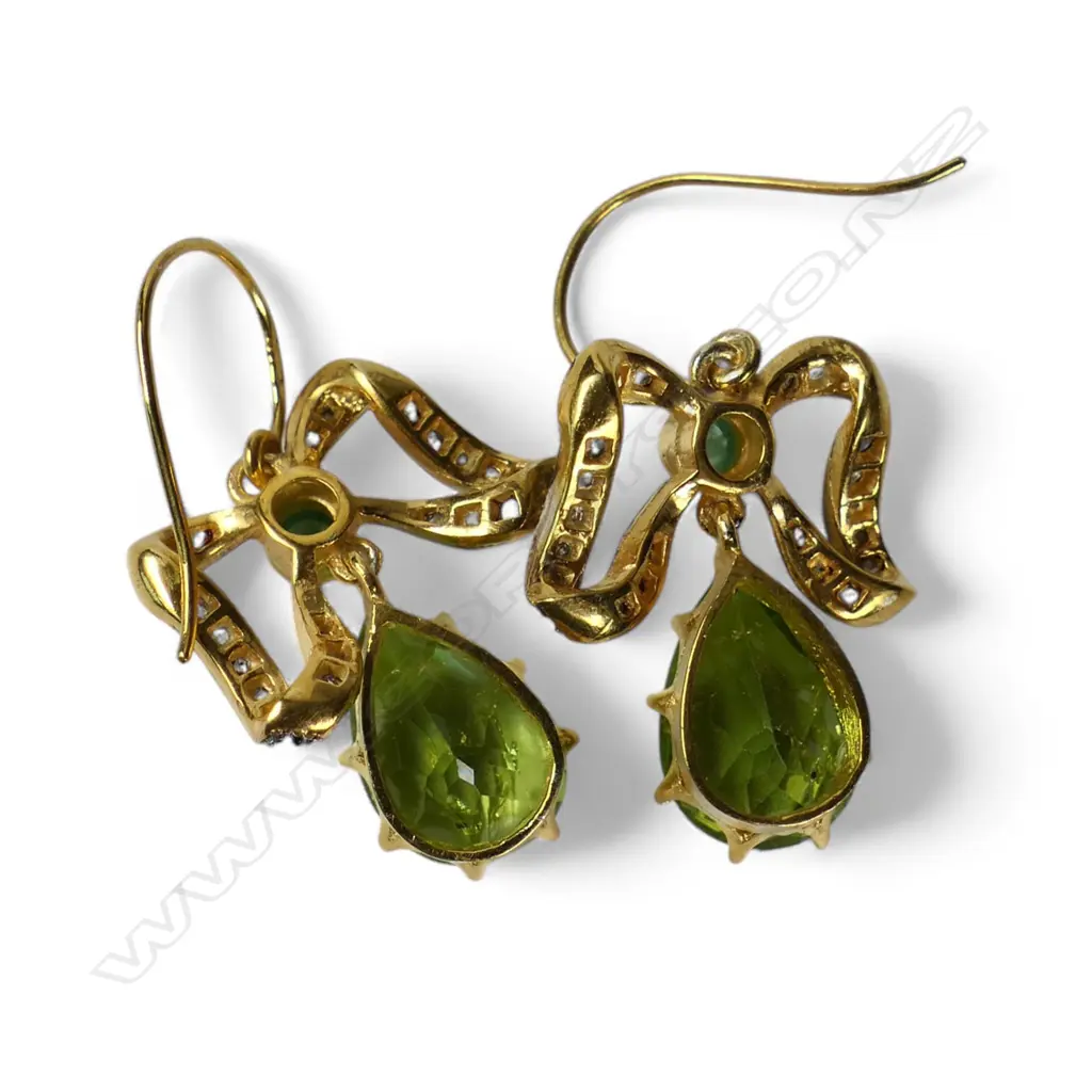 A pair of antique style silver gilt diamond peridot and emerald earrings, Image 1++