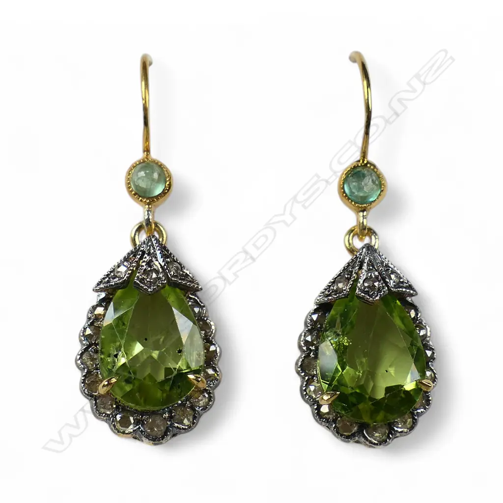 A pair of antique style silver gilt diamond peridot and emerald earrings, Image 1++