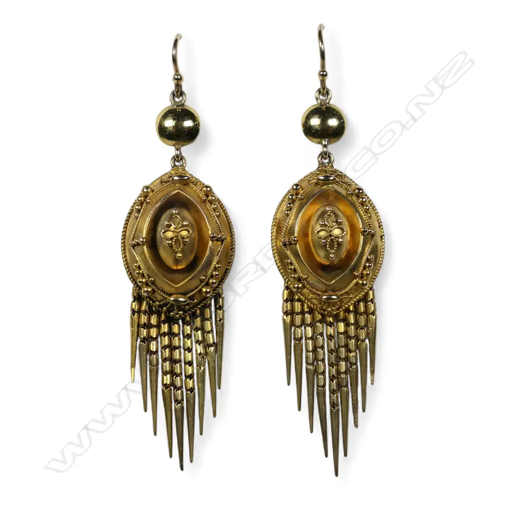 A pair of Victorian 9ct gold Etruscan style tassel earrings, Image 1++