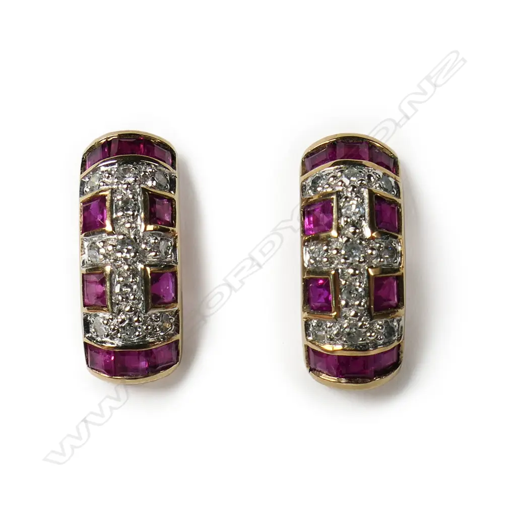 A pair of 10ct gold ruby and diamond earrings, Image 1++