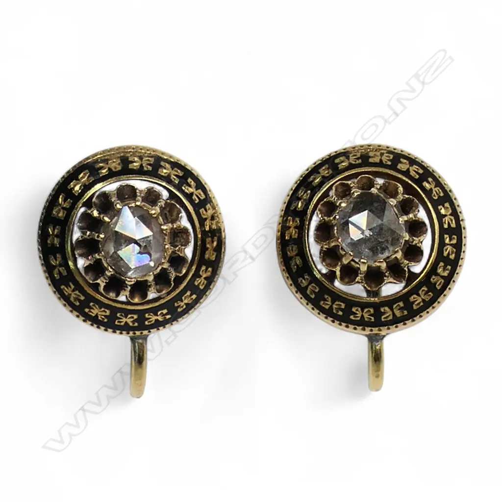 A pair of Victorian 18ct gold diamond and enamel earrings, Image 1++
