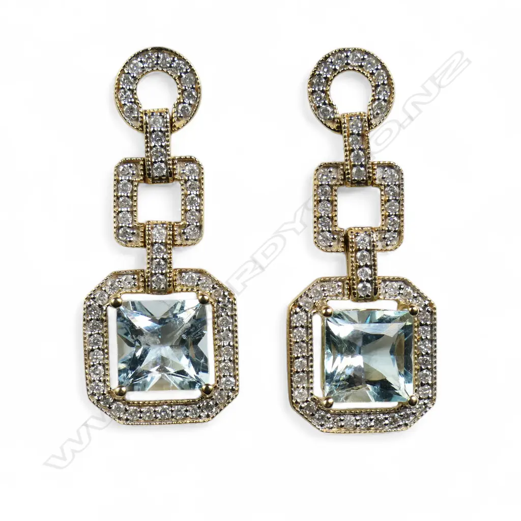 A pair of 14ct gold aquamarine and diamond drop earrings, Image 1++