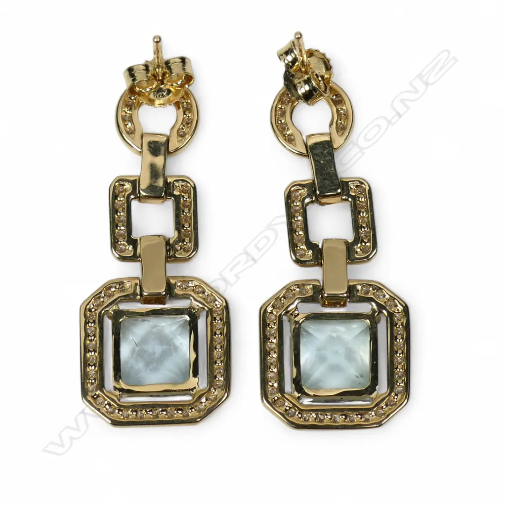A pair of 14ct gold aquamarine and diamond drop earrings, Image 1++