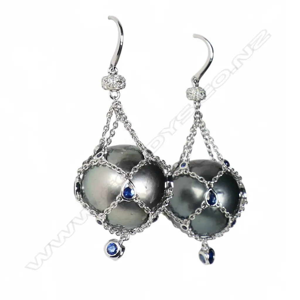 A pair of 14ct white gold Tahitian pearl, sapphire and diamond cage earrings, Image 1++