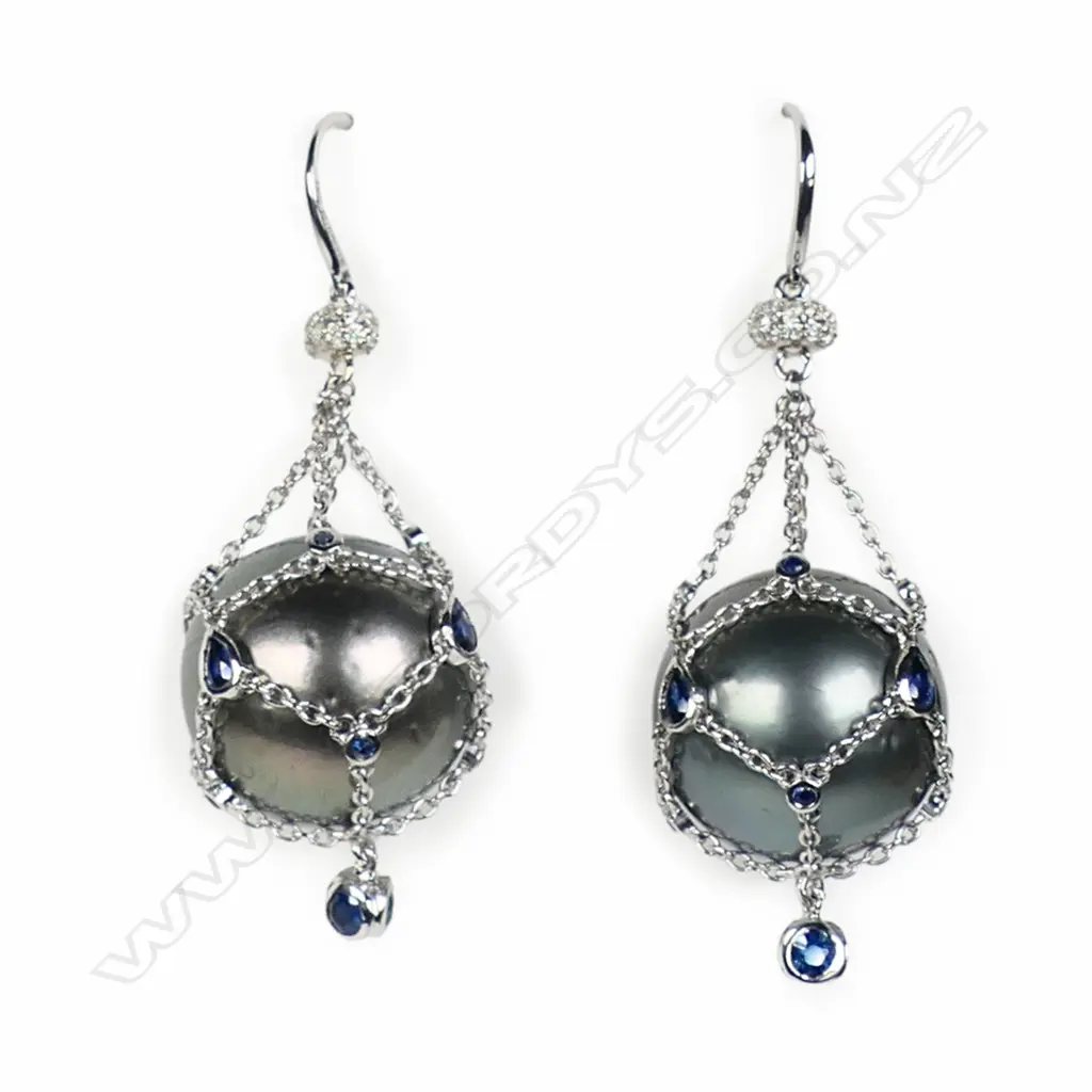 A pair of 14ct white gold Tahitian pearl, sapphire and diamond cage earrings, Image 1++