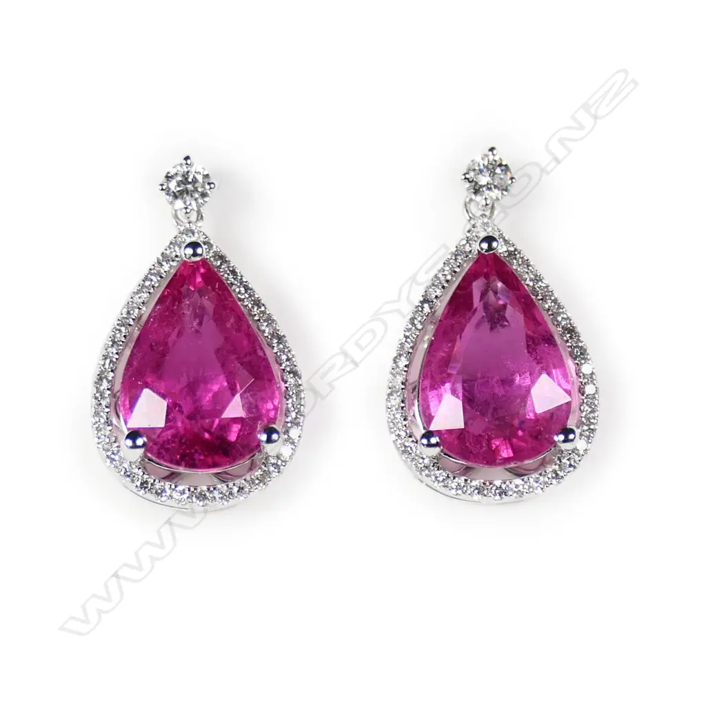 A pair of 18ct gold diamond and pink tourmaline earrings, Image 1++