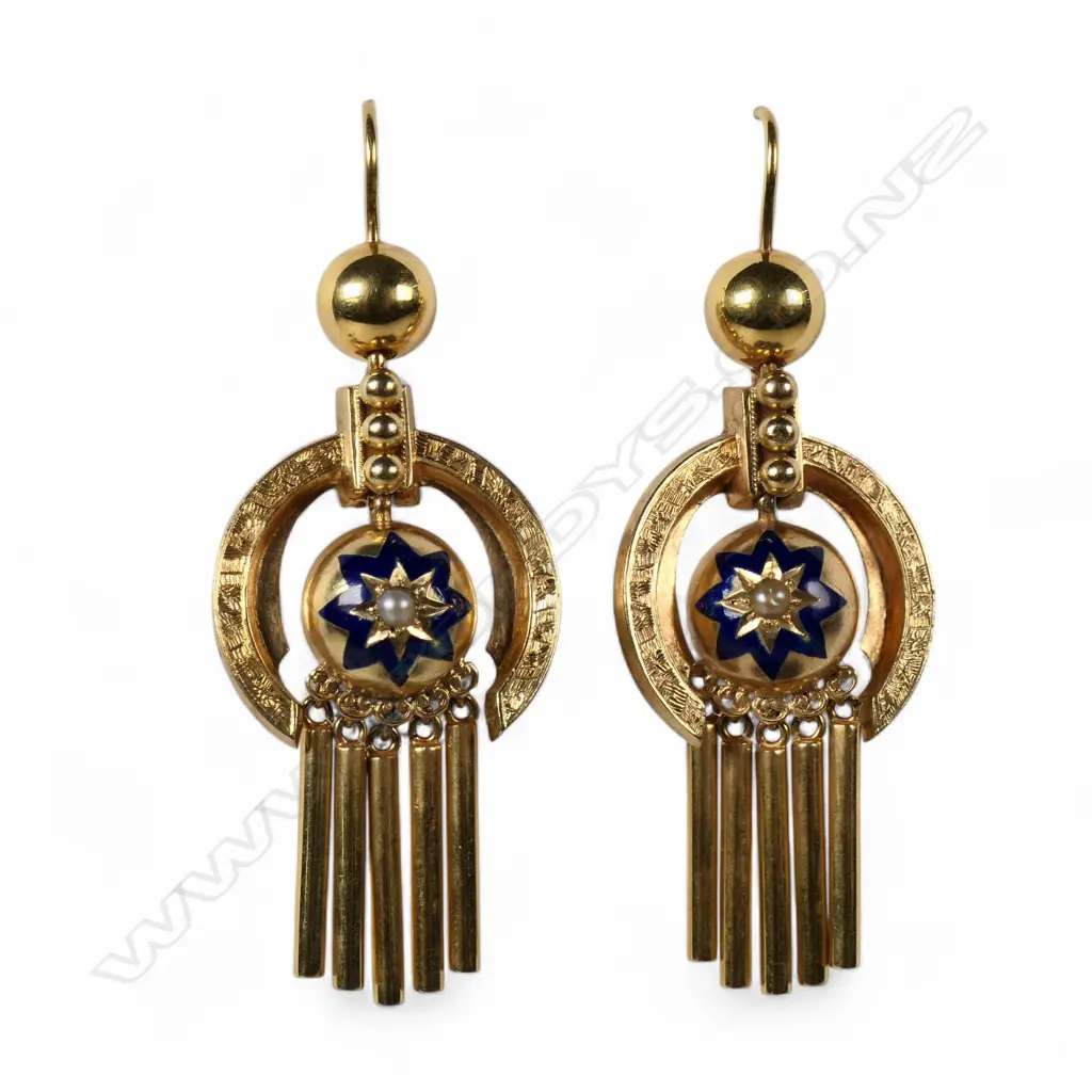A pair of quality Victorian gold enamel and pearl drop earrings, Image 1++