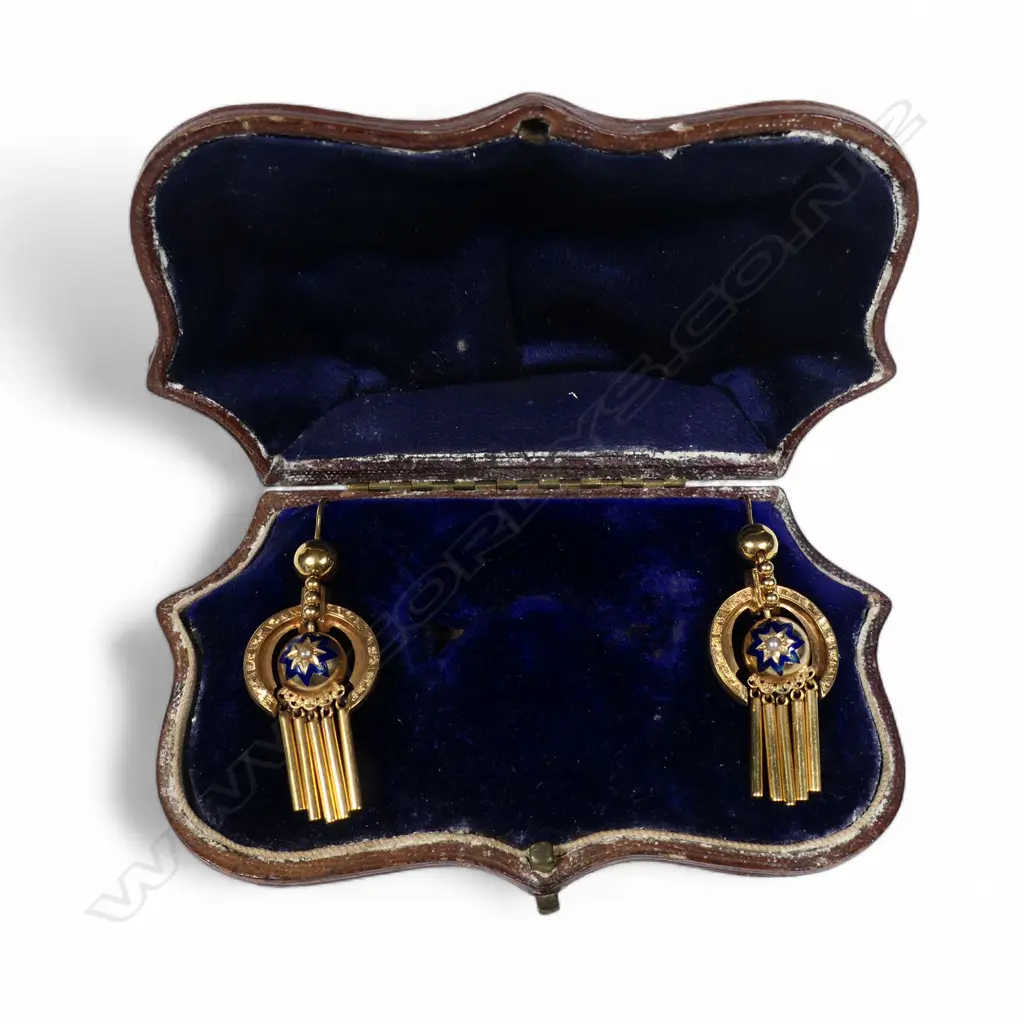 A pair of quality Victorian gold enamel and pearl drop earrings, Image 1++