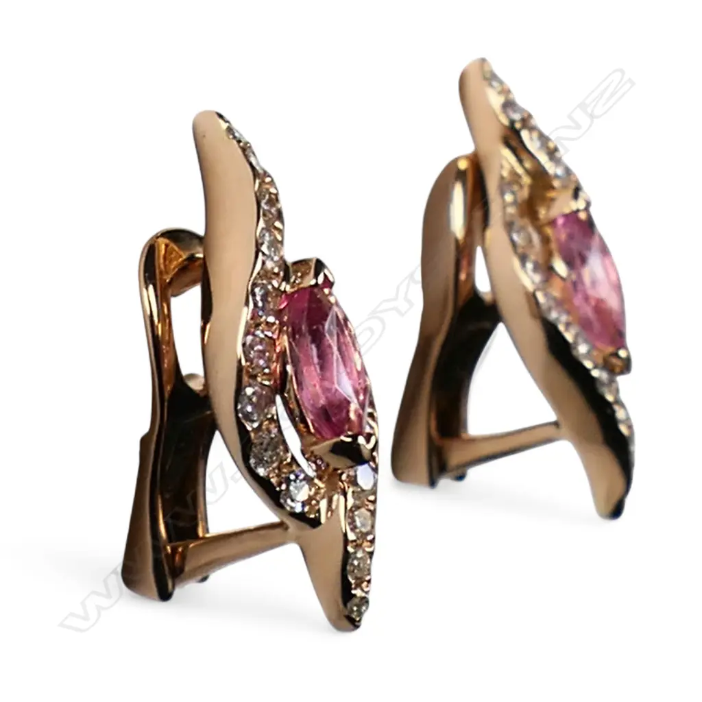A pair of 18ct gold pink sapphire and diamond earrings, Image 1++