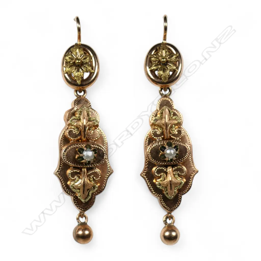 A pair of Victorian 9ct rose and yellow gold drop earrings, Image 1++