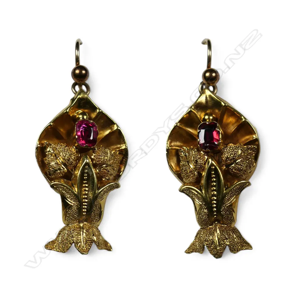A pair of Victorian 9ct gold and red stone earrings, Image 1++