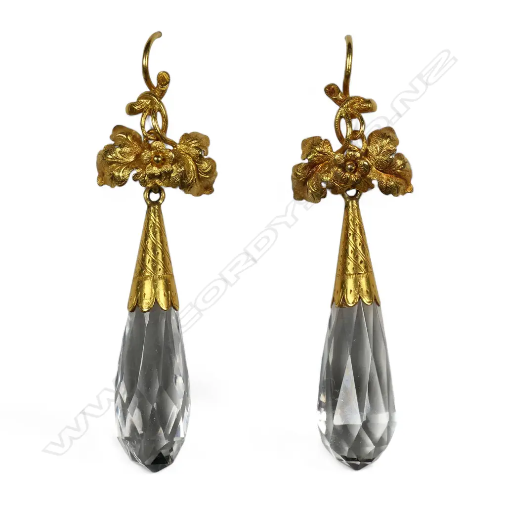 A pair of 19thC 18ct gold and crystal drop earrings, Image 1++