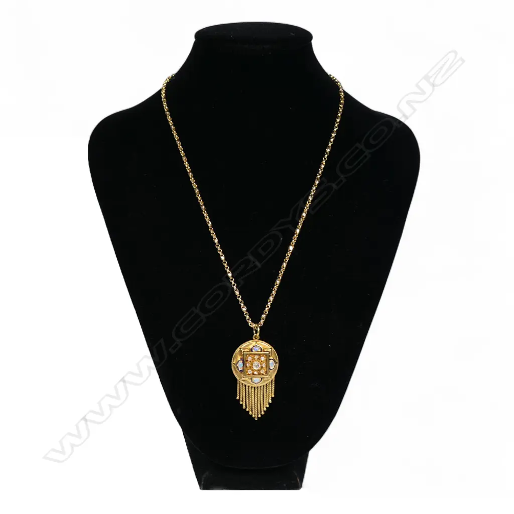 A Victorian 9ct gold diamond and opal pendant on chain, Image 1++