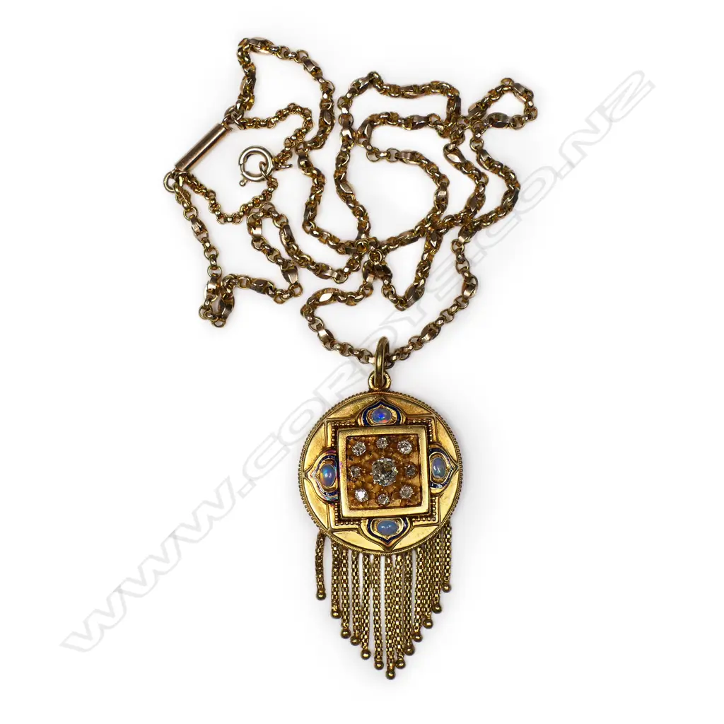 A Victorian 9ct gold diamond and opal pendant on chain, Image 1++