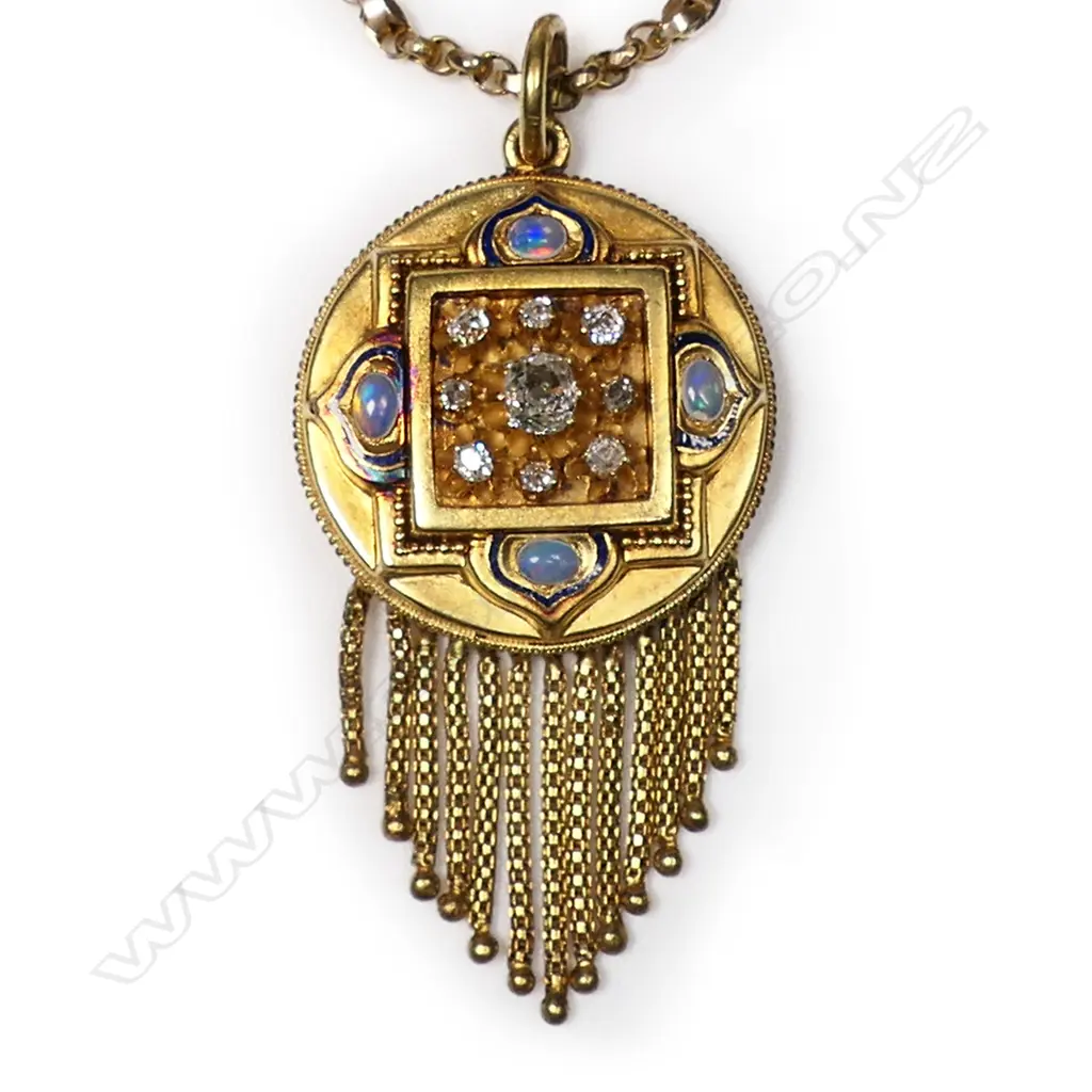 A Victorian 9ct gold diamond and opal pendant on chain, Image 1++