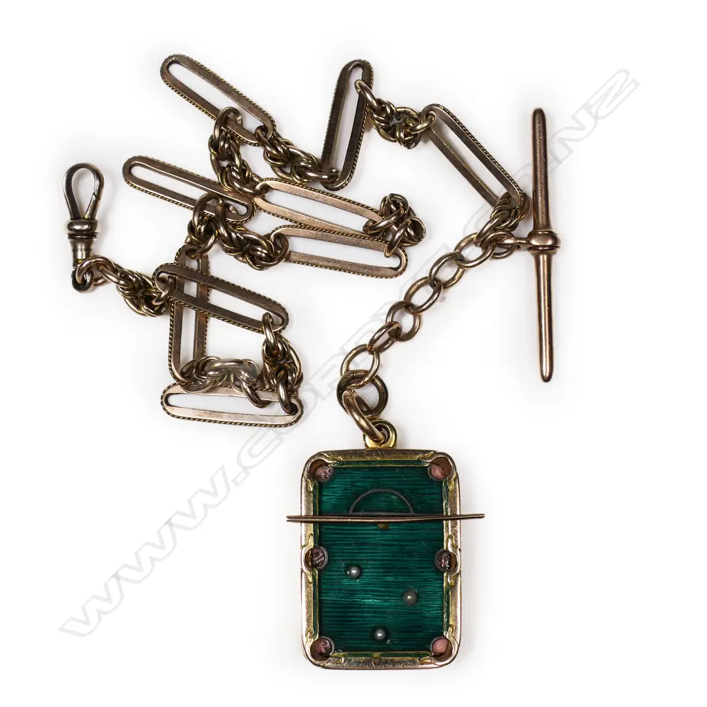 A c.1900 9ct gold Albert chain with pool table locket, Image 1++