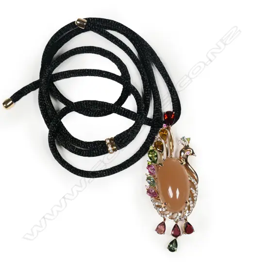 An 18ct rose gold peach sunstone, coloured tourmalines and diamond peacock pendant,