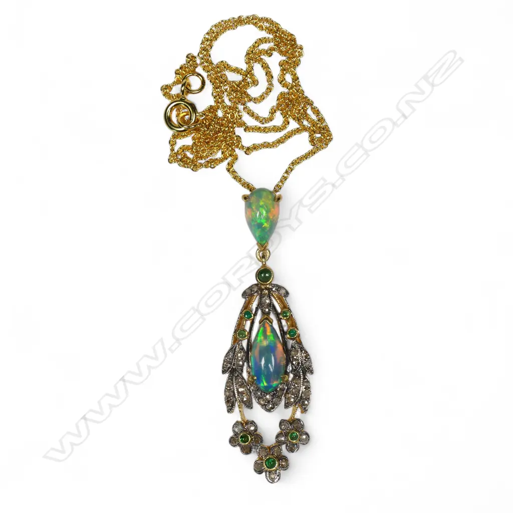 An antique style belle epoque silver gilt opal diamond and emerald pendant, Image 1++