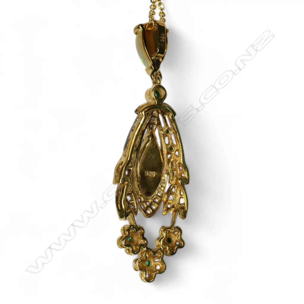 An antique style belle epoque silver gilt opal diamond and emerald pendant, Image 1++