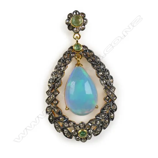 An antique style belle epoque silver gilt opal diamond and emerald pendant,