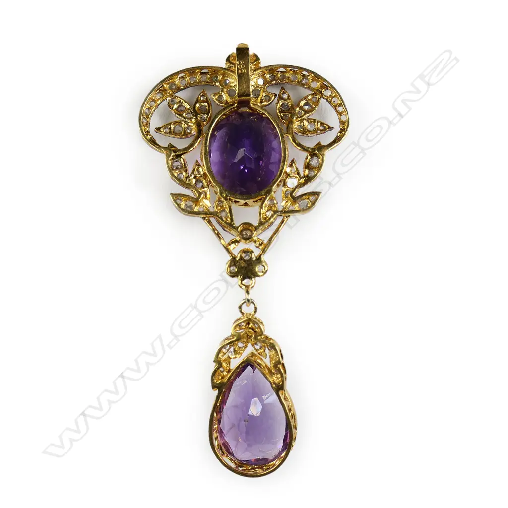 An antique style belle epoque silver gilt amethyst and diamond pendant, Image 1++