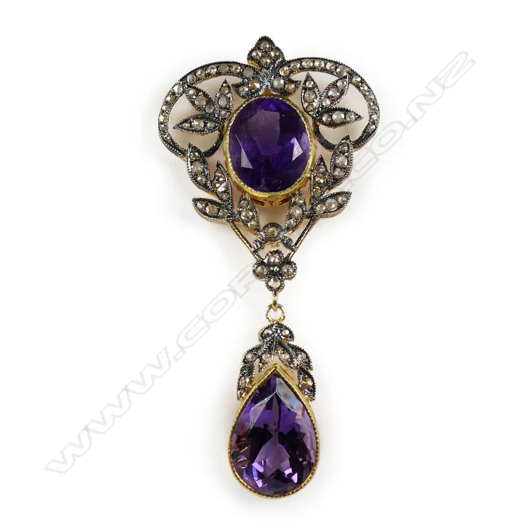 An antique style belle epoque silver gilt amethyst and diamond pendant, Image 1++