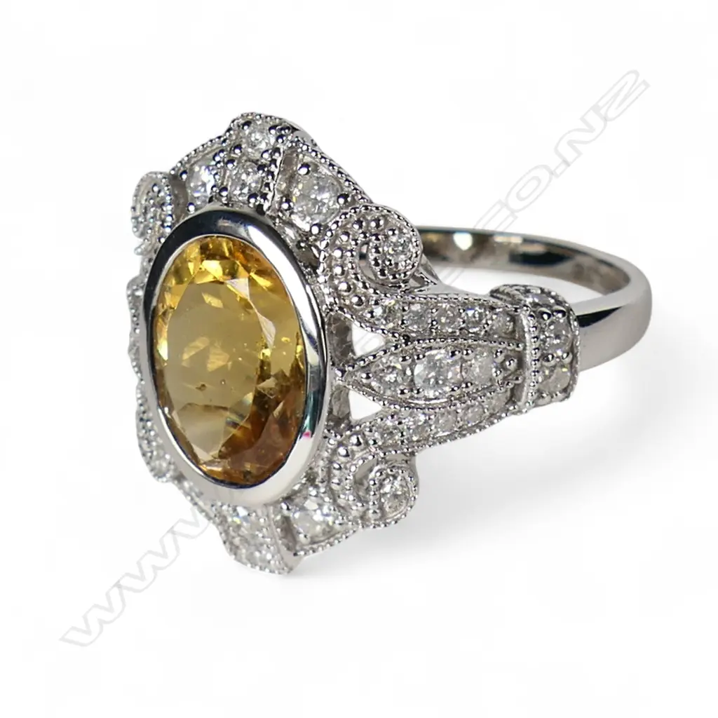 A 14ct white gold golden beryl and diamond antique style ring, Image 1++