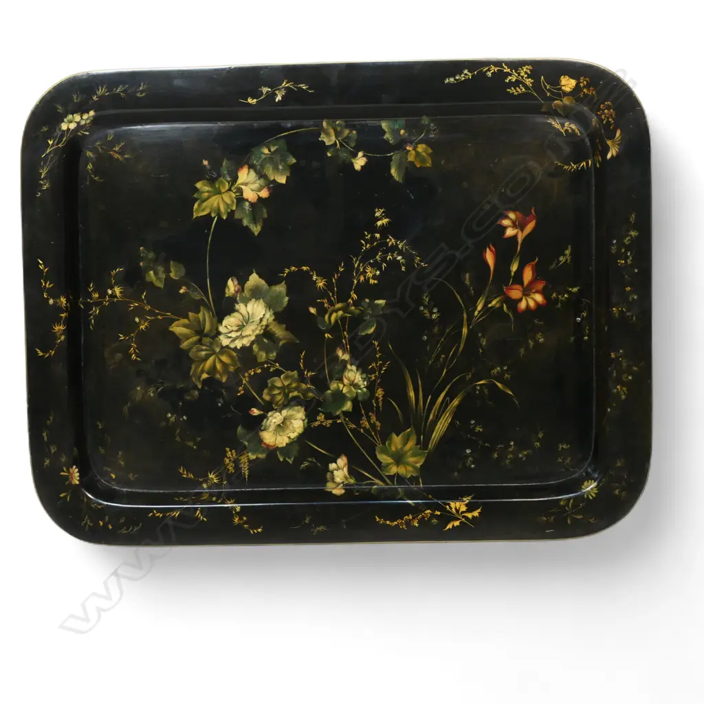 A highly decorative early 19thC black lacquer tray attributed to Jennens and Bettridge, Image 1++