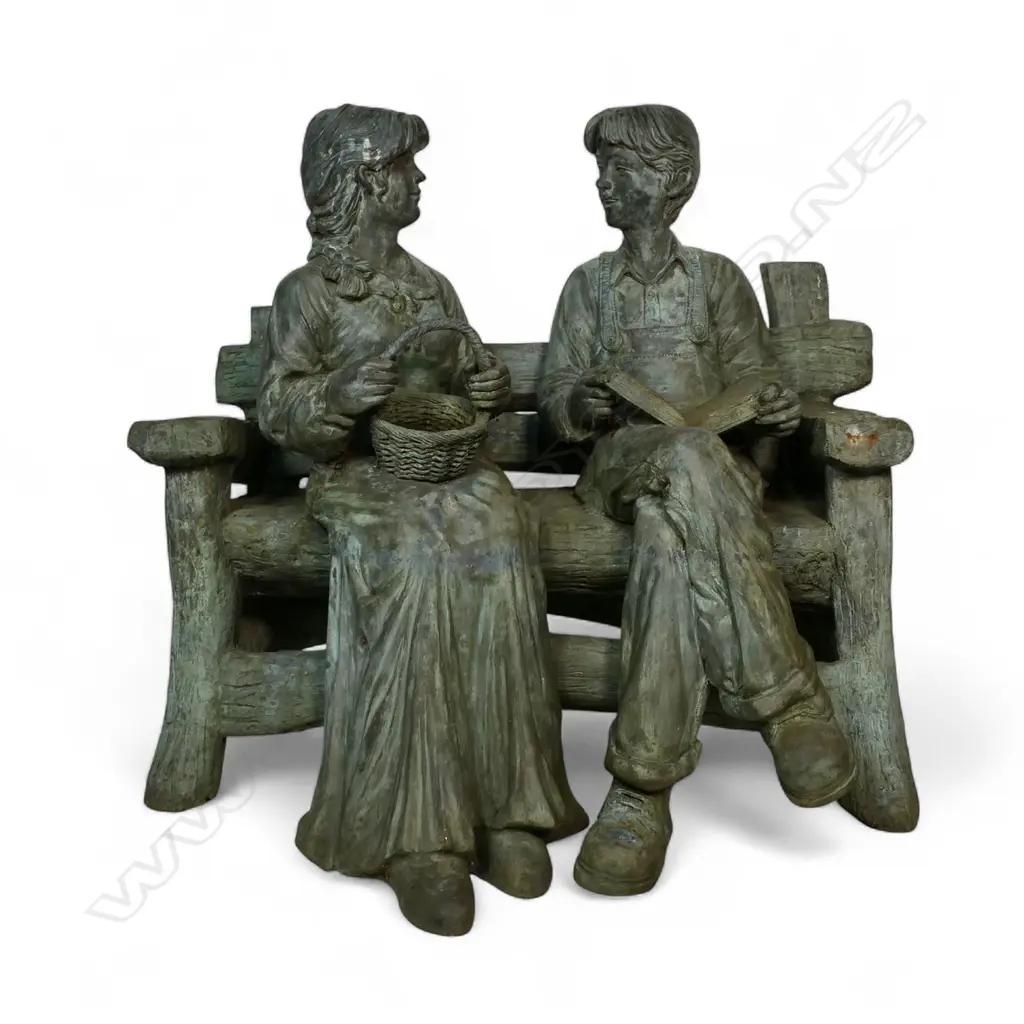 A very large and heavy cast bronze sculpture of a young farming couple seated upon a log bench, Image 1++
