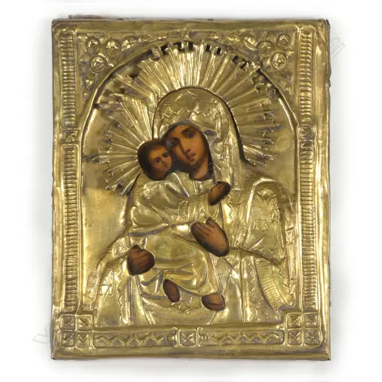 A small 19thC Russian icon of the Mother of God with the Christ Child