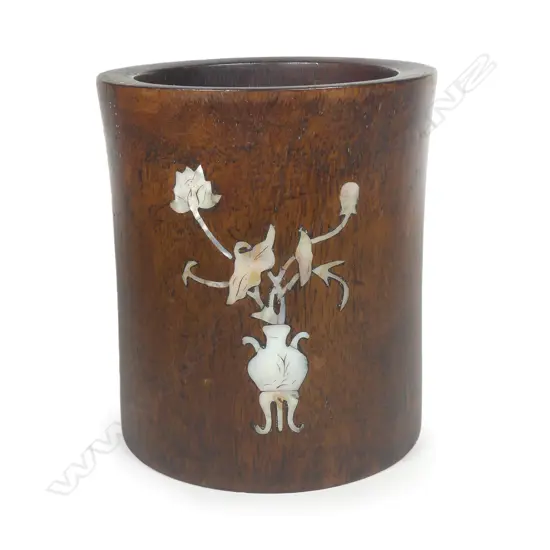 A Chinese rosewood inlaid brush pot