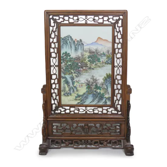 An old Chinese porcelain polychrome painted panel in screen form stand