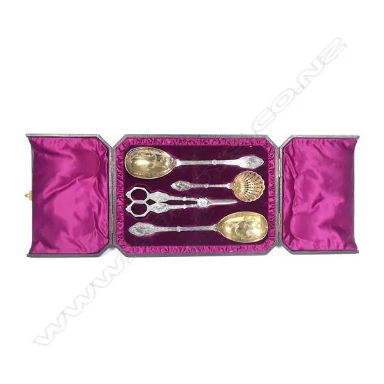 A late 19thC Aesthetic Movement four-piece silver plate boxed cutlery set