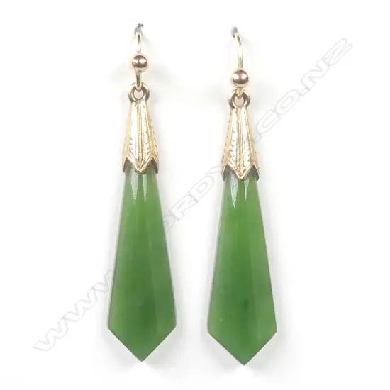 A pair of early 20thC 9ct. yellow gold and greenstone drop earrings