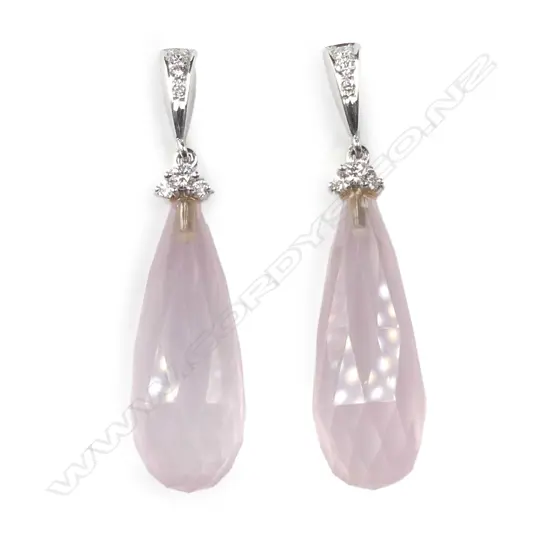 A pair of 18ct white gold diamond and rose quartz drop earrings