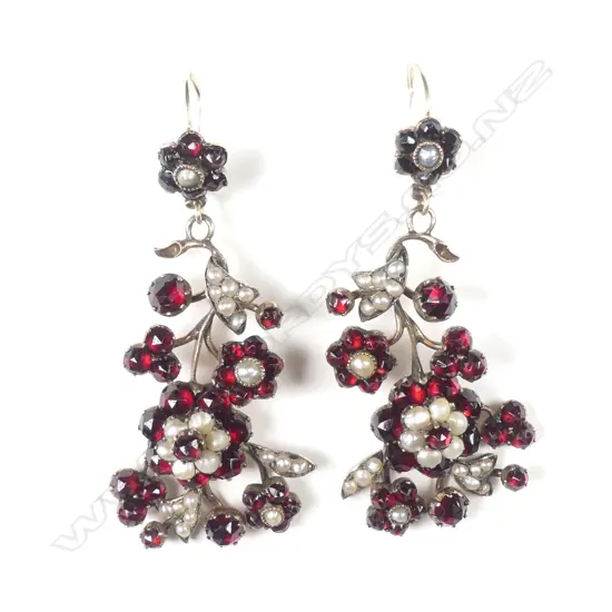 A pair 19thC 9ct gold Bohemian garnet and pearl earrings