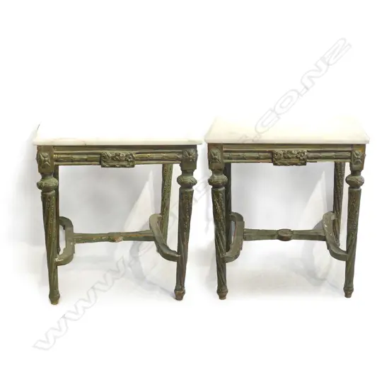 A pair of square marble top occasional tables