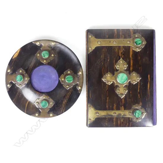 A 19thC Coromandel wood faced desk folder and matching circular stand