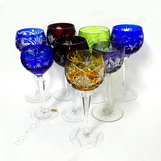 Eight Bohemian crystal wine glasses