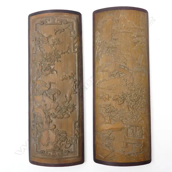 Two Chinese etched bamboo panels