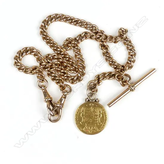 A heavy 9ct rose gold chain with a sovereign