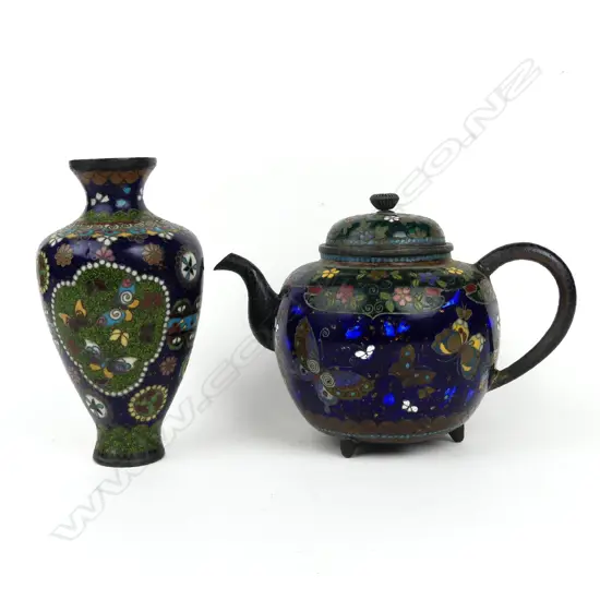 A cloisonné tea pot and vase