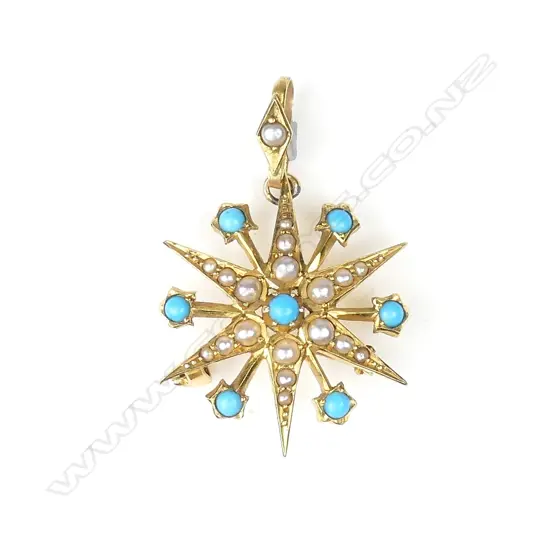 A Victorian 15ct gold pearl and turquoise pendant