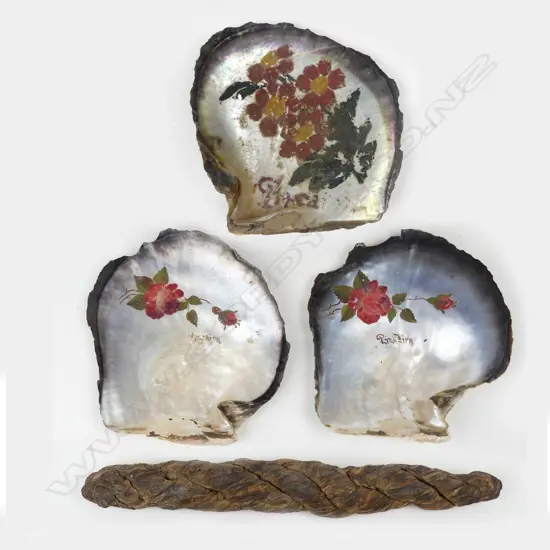 Three uncommon Pitcairn Island souvenir paintings on pearl shells