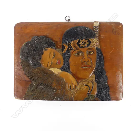 A Jane Brenkley kauri panel portrait of a Maori woman and child