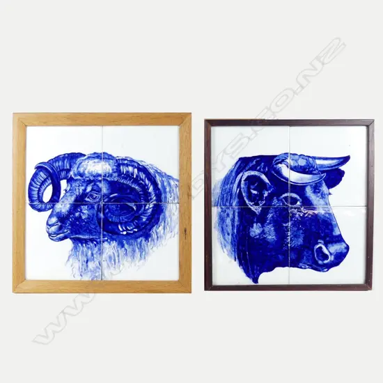 Two butcher's shop tile panels depicting bull's and sheep's heads